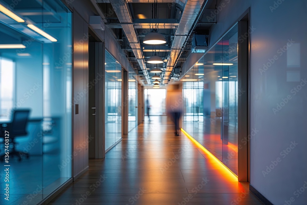 Vibrant Blurred Business Hallway in a Dynamic Workspace with Engaging Atmosphere