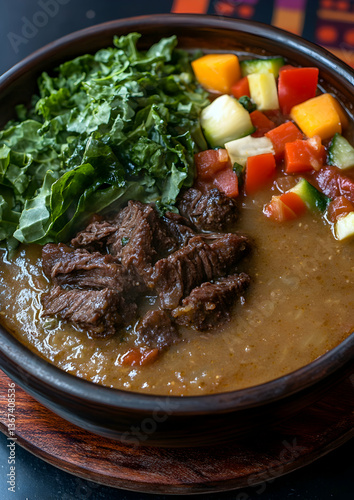 Authentic Madagascan Romazava in Wooden Bowl, A Culinary Delight Depicting the Heart of Madagascan Cuisine through a Warm and Inviting Still Life photo