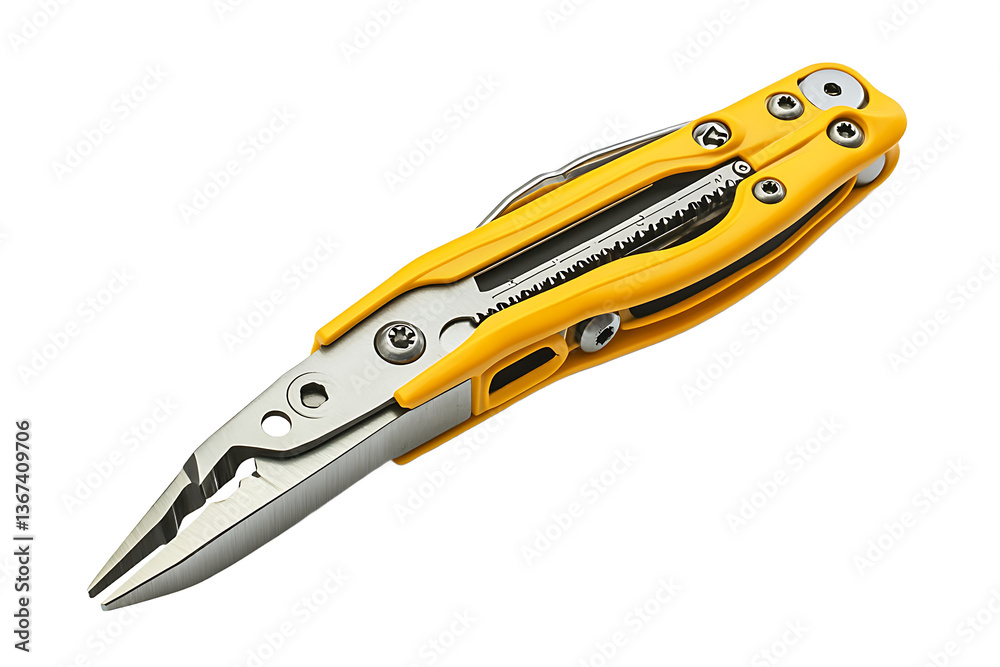 A close up of a yellow and silver multi tool with pliers on a black background showing the tool A close up of a yellow and silver multi tool with pliers on a black background showing the tool