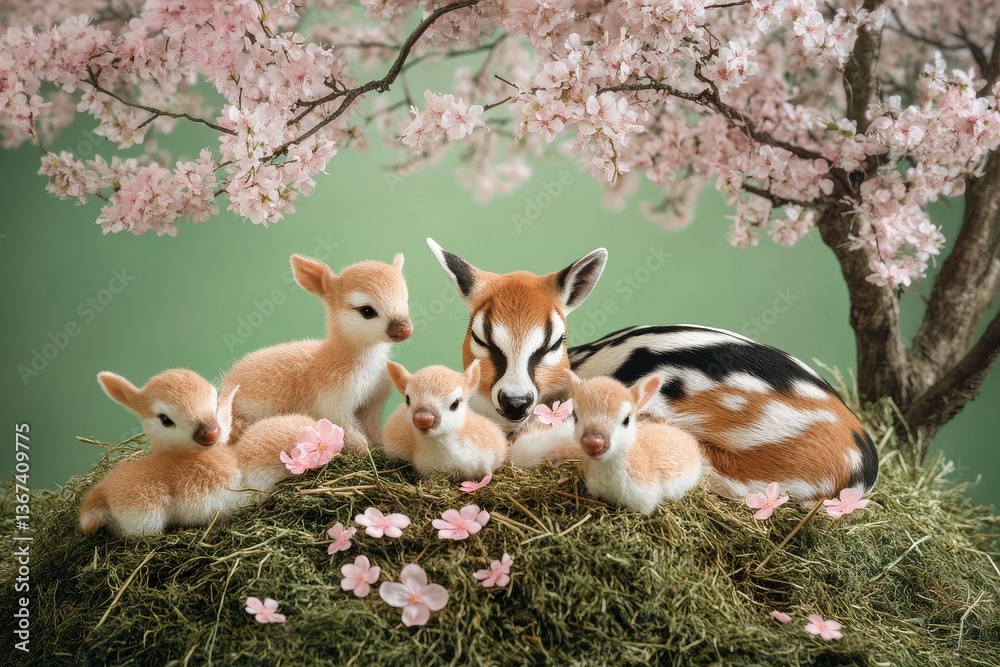 Obraz premium A mother deer and her fawns under a flowering tree