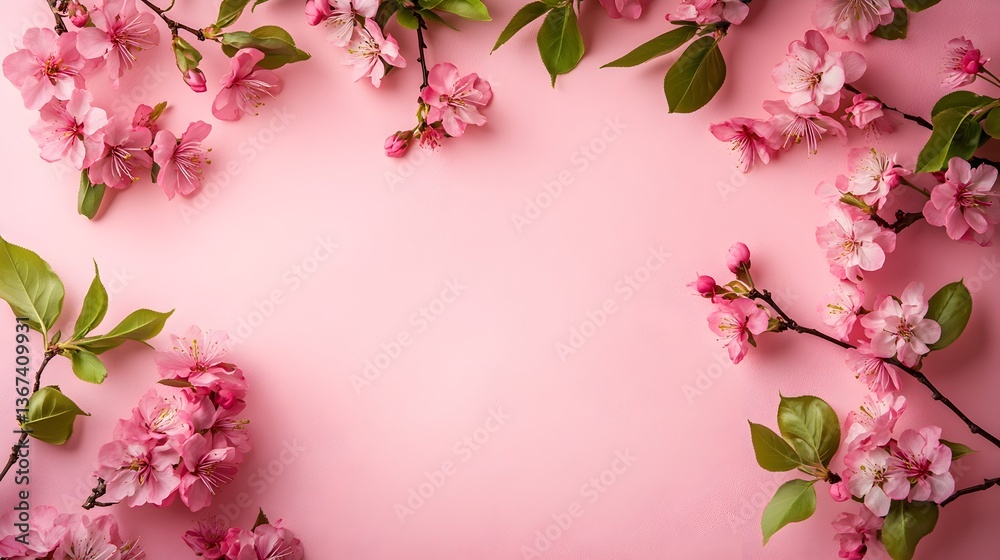 Delicate pink cherry blossoms create a beautiful floral frame on a soft pink background perfect for sp designs and feminine ing.