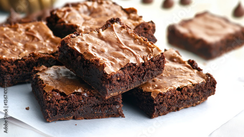 Delicious chocolate brownies stacked on white surface, showcasing rich, fudgy texture and glossy top, perfect for dessert lovers