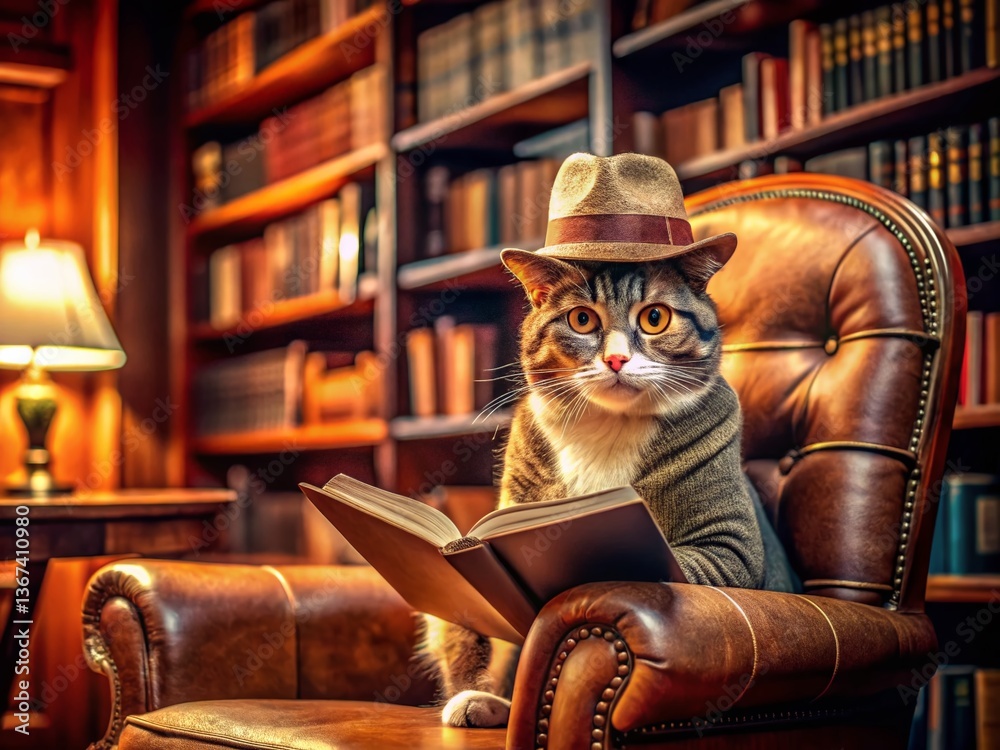 Clever Cat in Glasses Reading Book Cozy Library - Stock Photo Clever Cat in Glasses Reading Book Cozy Library - Stock Photo