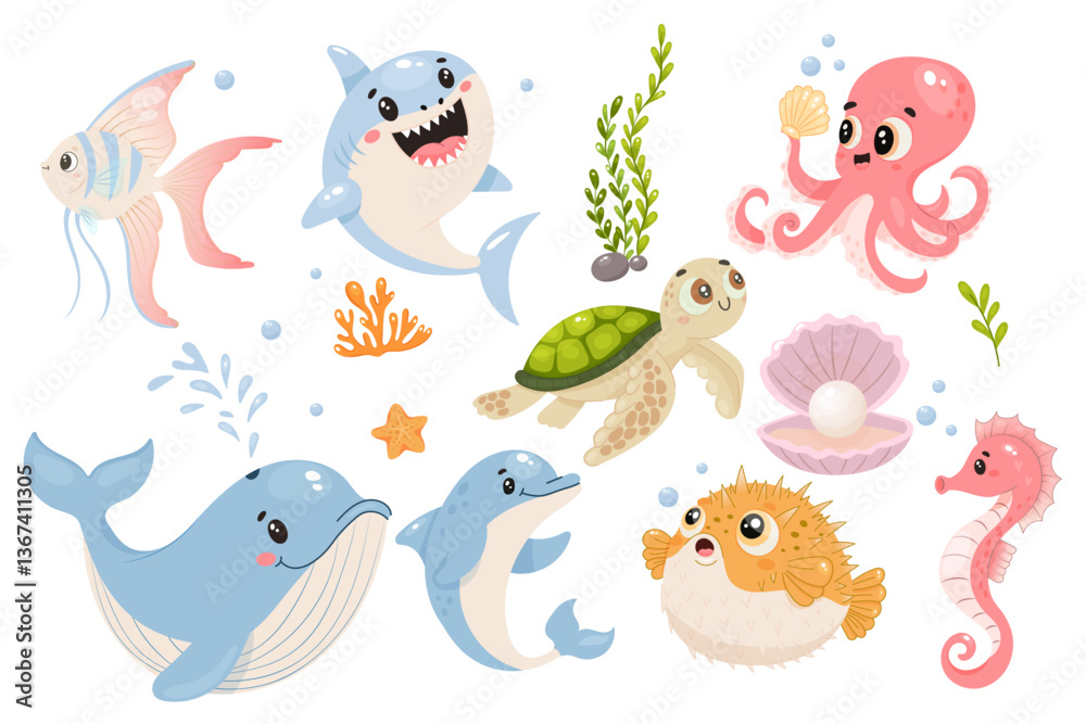Set of adorable ocean creatures including shark, turtle, dolphin, octopus, and more Set of adorable ocean creatures including shark, turtle, dolphin, octopus, and more