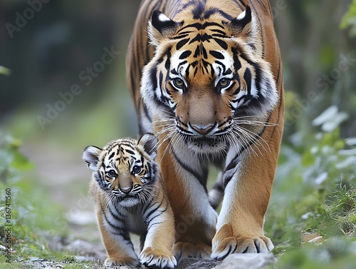 A majestic Siberian tiger and her adorable cub walk together on a forest path showcasing their stunning stripes and powerful presence.