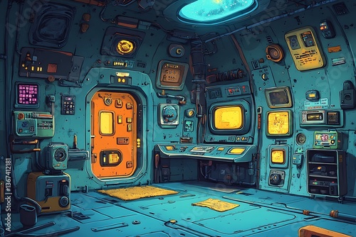 Fototapeta Naklejka Na Ścianę i Meble -  A cartoon space station where every room has a distinct personality, with the rooms and gadgets interacting in a lively, animated environment filled with colorful details