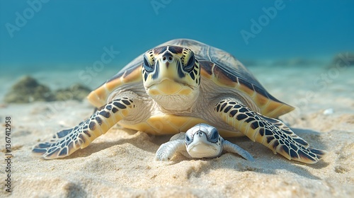 Slika na platnu An adult hawksbill sea turtle and its hatchling rest on a sandy ocean floor near a vibrant coral reef