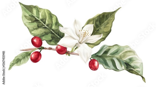 Coffee flower and red coffee beans on a branch on a white background in a watercolor style with bright flowers
