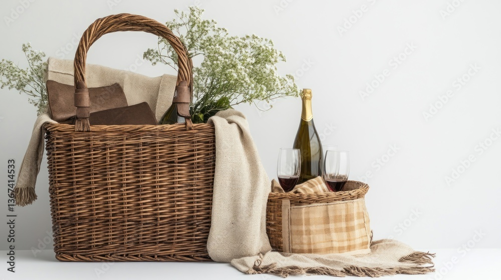 Elegant wicker picnic basket with blankets, wine bottles, and glasses. Elegant wicker picnic basket with blankets, wine bottles, and glasses.