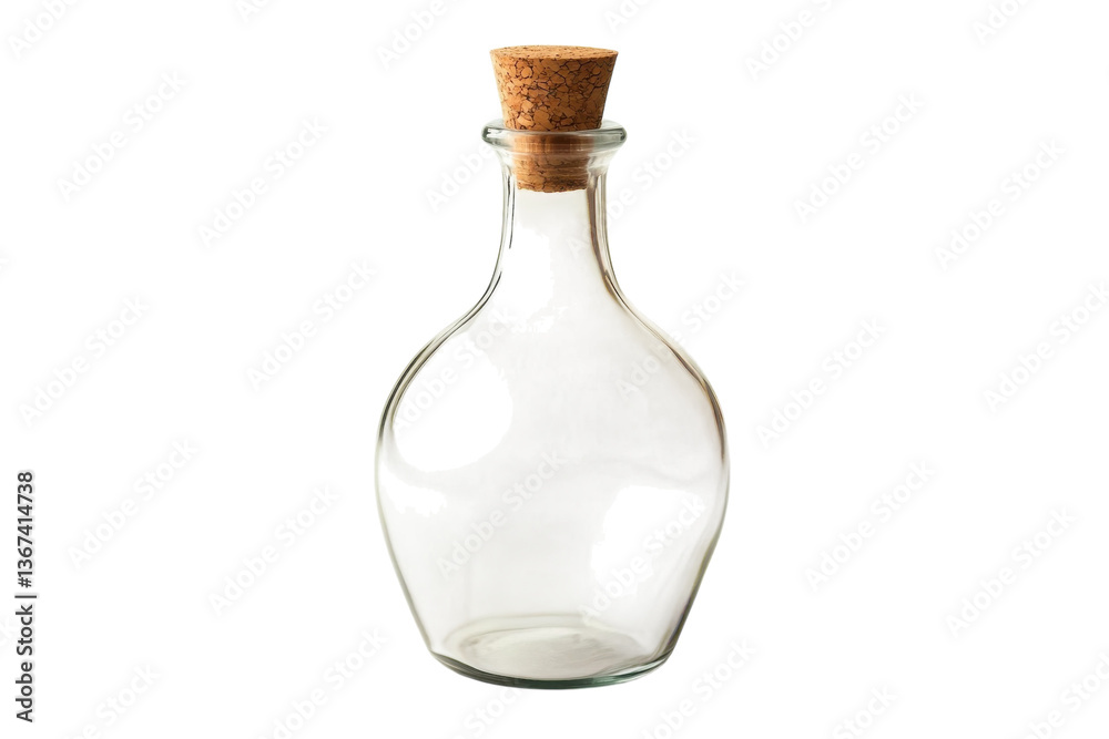 A delicate glass bottle with a cork on a minimalist surface in bright light isolated on transparent background A delicate glass bottle with a cork on a minimalist surface in bright light isolated on transparent background