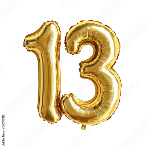Shiny golden foil balloons shaped like the number 13, perfect for 13th birthday, anniversary celebrations, or festive decor isolated on transparent background