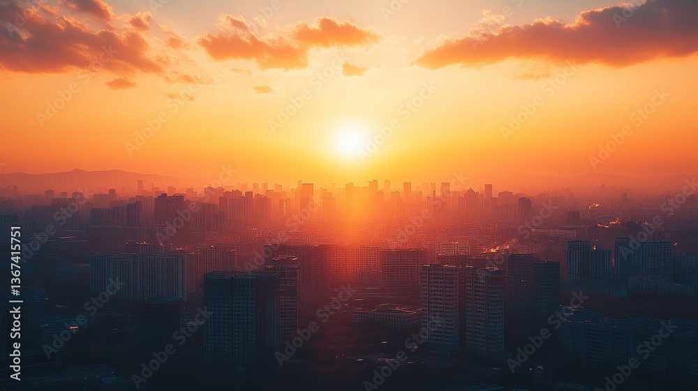 Fototapeta premium Golden Sunset Over Modern Cityscape, A Moment of Urban Tranquility