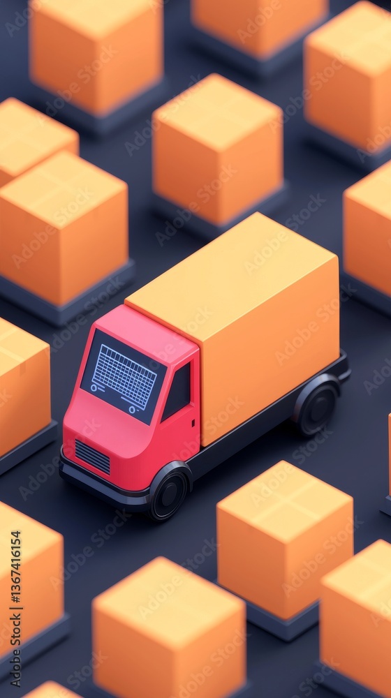 Obraz premium Delivery truck navigating through orange package landscape urban setting digital art top view logistics concept