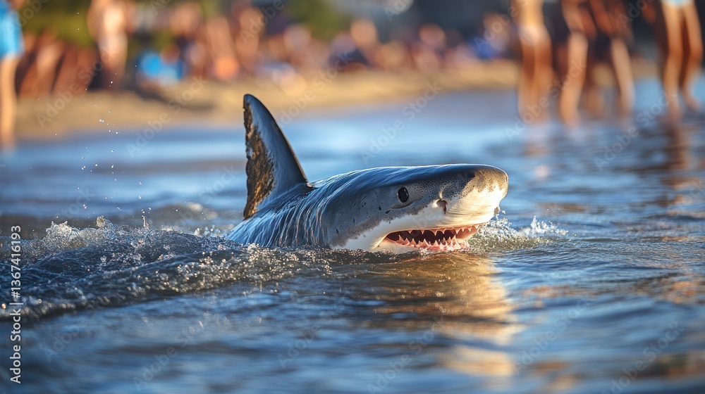 Fototapeta premium Great white shark approaching shallow water near beachgoers.