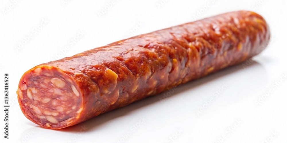 Close-up Macro Shot of Dried Sausage Snack, Isolated on White Background, Perfect for Beer Pairings Close-up Macro Shot of Dried Sausage Snack, Isolated on White Background, Perfect for Beer Pairings