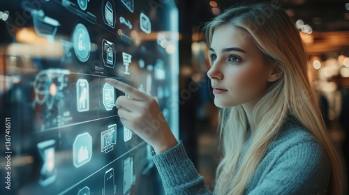Young Blonde Woman Using a Futuristic Digital Interface in a Fashion Store – A High-Tech Shopping Experience with Online Ordering and Product Interaction