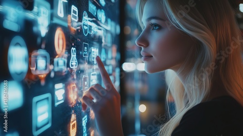 Young Blonde Woman Using a Futuristic Digital Interface in a Fashion Store – A High-Tech Shopping Experience with Online Ordering and Product Interaction