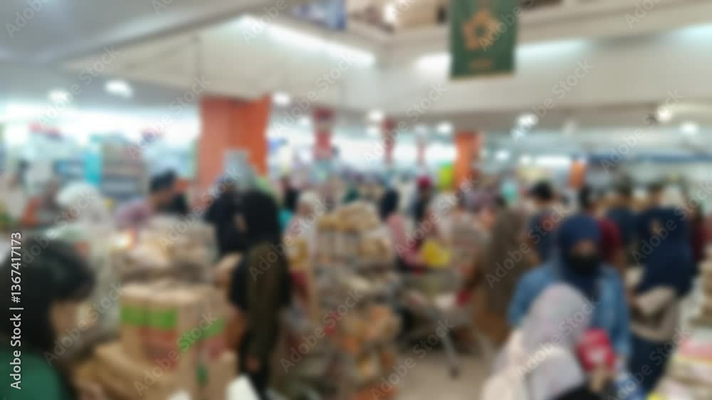 A soft focus view of a crowded indoor trade fair, showcasing a diverse range of vendors and shoppers amidst colorful displays and bustling activity, creating a lively atmosphere
