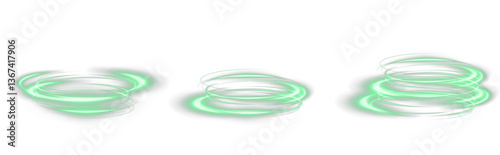 Glowing green spiral vortex with sparkles, light rings, and swirling energy lines. Dynamic neon curve effect on transparent background. PNG for futuristic, power, or motion designs.