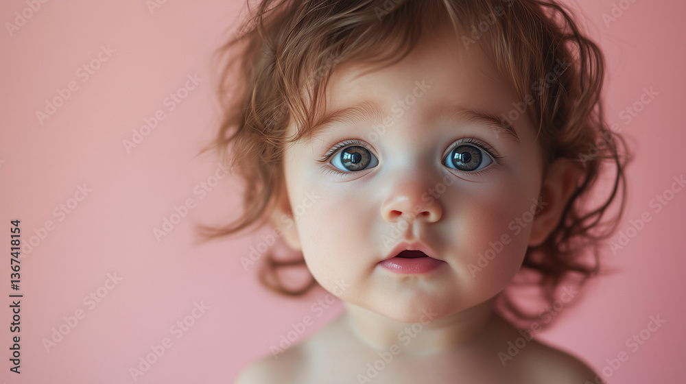 Toddler baby with a surprised expression, soft light on her face. Capturing innocence and wonder in a simple moment.