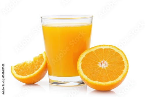Refreshing glass of orange juice beside freshly cut oranges on a bright background isolated on transparent background