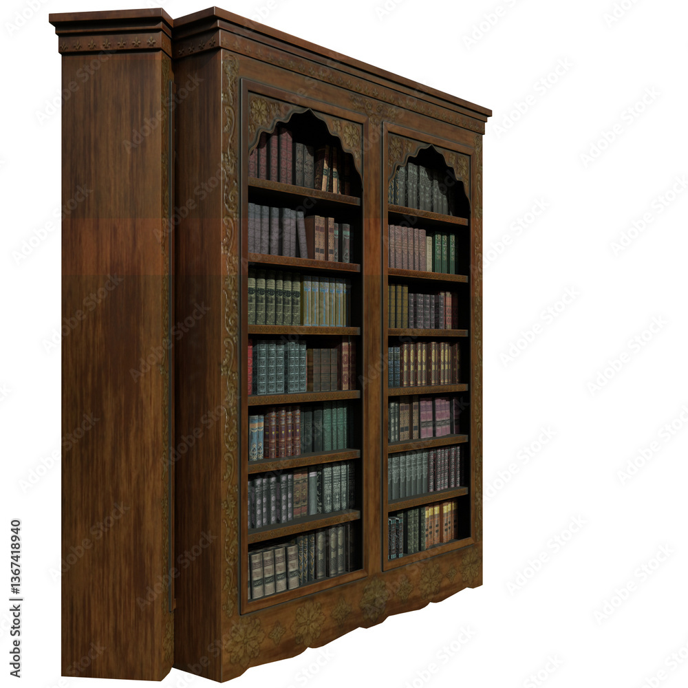3D rendered antique wooden library with old books isolated on transparent background 3D rendered antique wooden library with old books isolated on transparent background