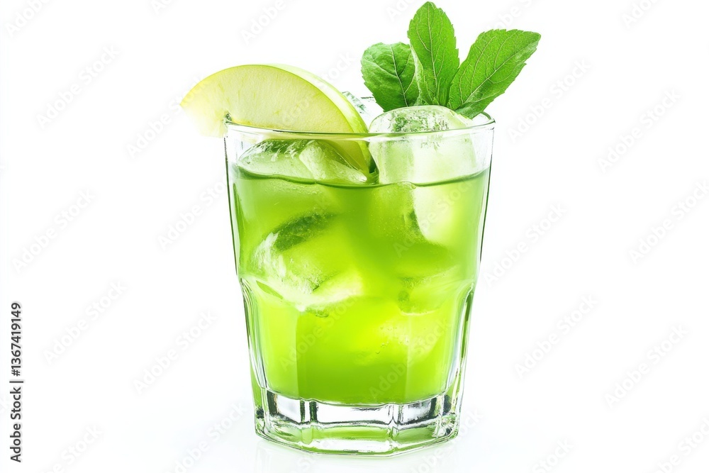 Refreshing mint and apple cocktail garnished with fresh leaves and ice cubes on a bright background isolated on transparent background