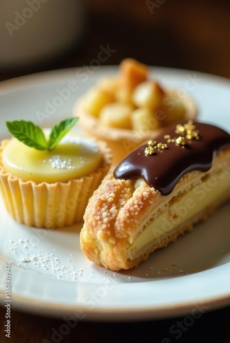 Wallpaper Mural A delightful assortment of miniature pastries, including a zesty lemon tart, a crumbly fruit tart, and a decadent chocolate eclair, elegantly arranged on a pristine white plate. Torontodigital.ca