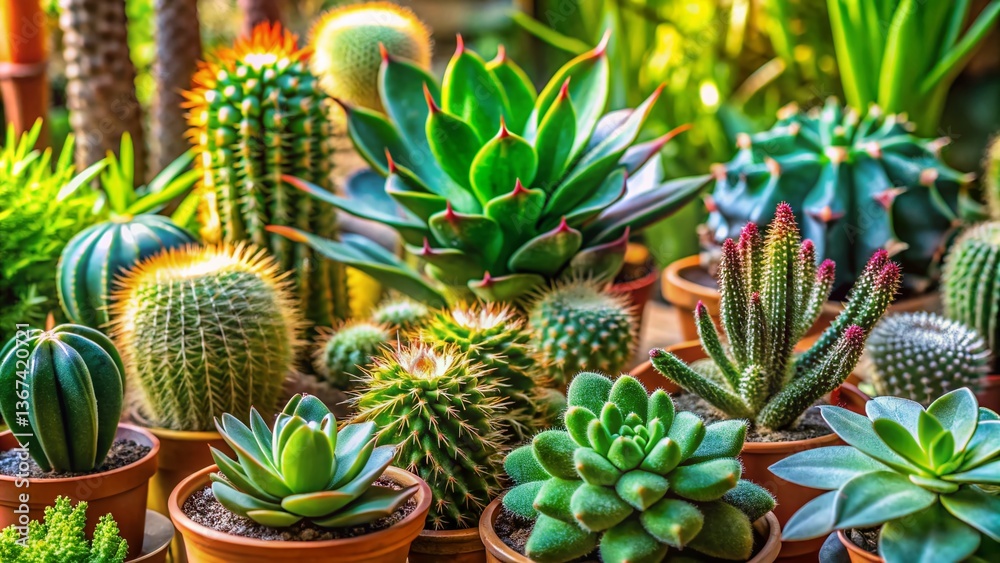 Fototapeta premium Close-up of Indoor Plants: Cactus, Succulents, Dracaena Marginata & Ficus Elastica