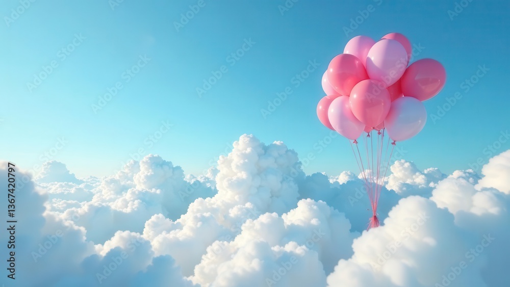 Fototapeta premium Pink and White Balloons Ascending Above a Sea of Clouds on a Sunny Day