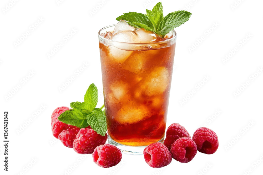 Refreshing iced tea with raspberries and mint, perfect for summer gatherings or relaxing moments isolated on transparent background