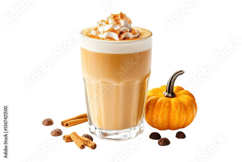 Delightful pumpkin spice latte with whipped cream beside a small pumpkin and cinnamon sticks isolated on transparent background