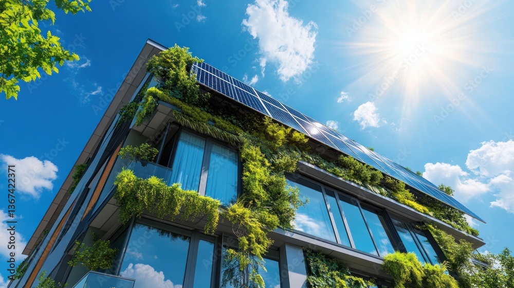 Fototapeta premium Sustainable building facade with solar panels and vertical garden. Lush greenery climbing the modern
