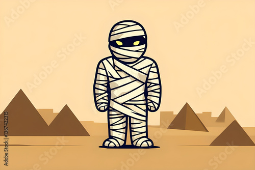 Funny Cartoon Mummy Character With Egyptian Pyramids in Background