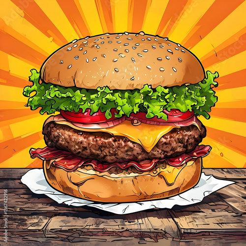 Colorful Cartoon Cheeseburger With Lettuce, Tomato, and Melty Cheese