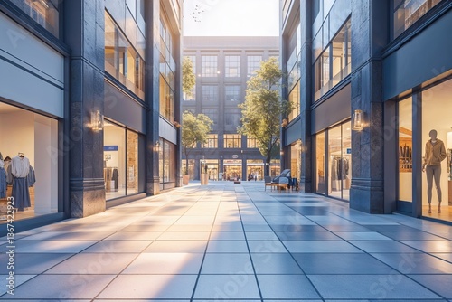 Bright Urban Plaza with Diffused Perspective and Modern Storefronts