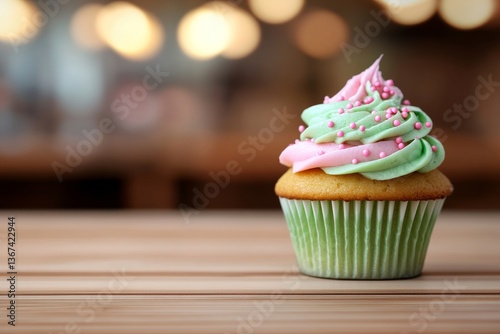 A tasty cupcake with green and pink frosting awaits on a rustic wooden table
