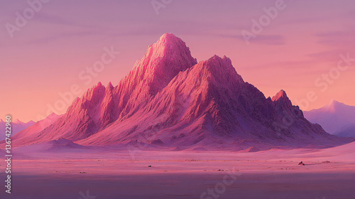Surreal mountain range in a desert landscape bathed in soft mimetic hues that create a dreamlike and ethereal atmosphere.