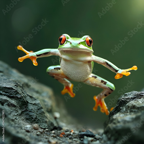 Vibrant Tree Frog Leaping Over Mossy Rocks in the Jungle