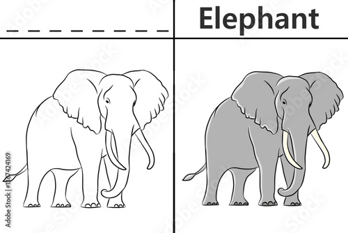 Elephant coloring pages for kids and learn to recognize letters, animal recognition card media for various games in early childhood learning