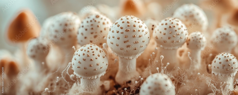 Closeup Cluster of Spotted Mushrooms Closeup Cluster of Spotted Mushrooms