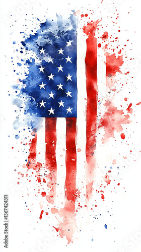 Watercolor brushstroke of American flag on vertical greeting card with white background