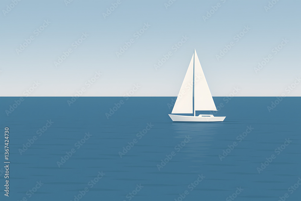 Obraz premium Minimalist sailboat on calm sea with clear sky and blue horizon