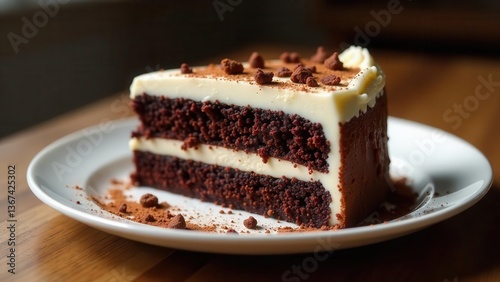 Wallpaper Mural A decadent slice of layered chocolate cake, frosted with creamy white icing and sprinkled with cocoa powder, rests on a simple white plate. Torontodigital.ca