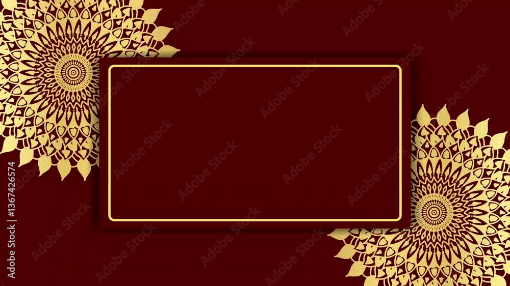 Wedding invitation digital template with golden mandala animation on dark red background