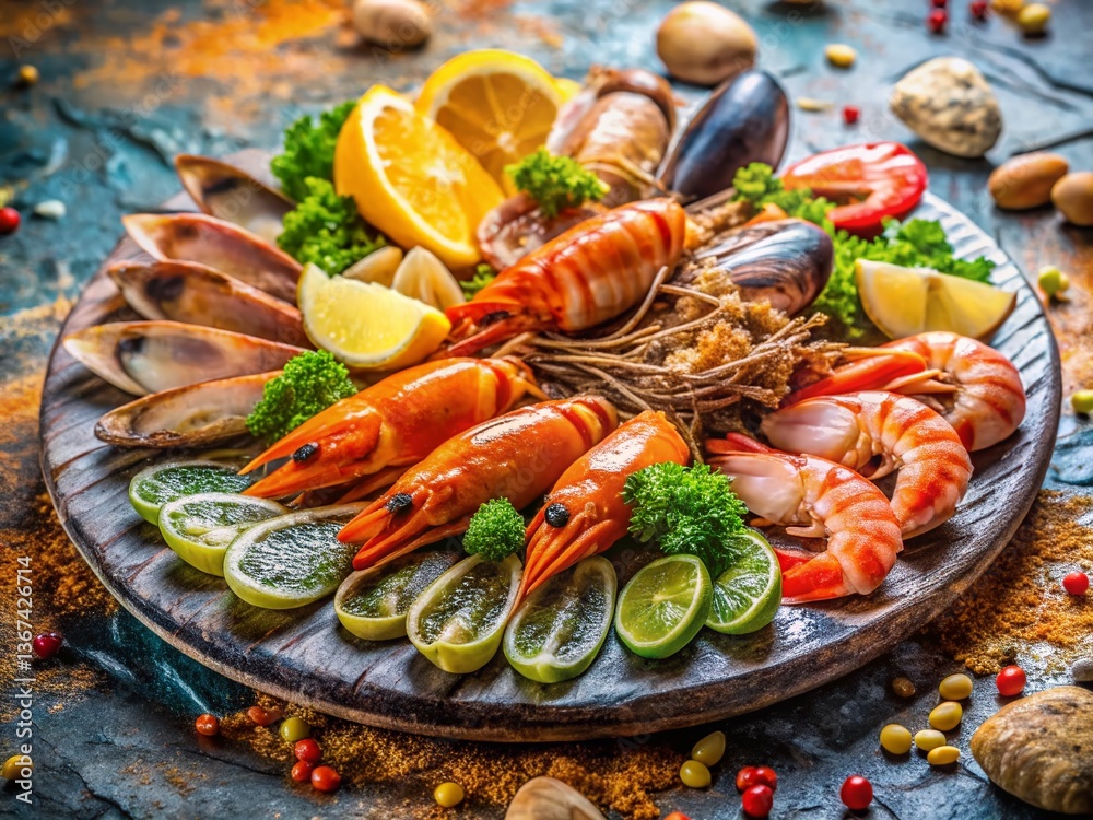 Coastal Cuisine: Seafood Platter on Sea Pebble Sandstone Coastal Cuisine: Seafood Platter on Sea Pebble Sandstone