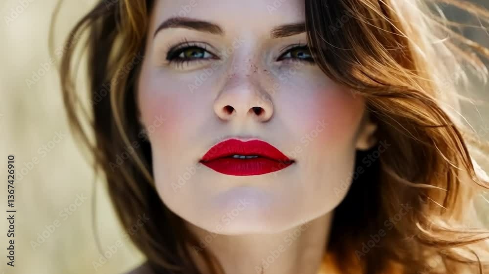 A headshot of a confident woman wearing a bold red lipstick, framed by flowing hair and natural sunlight. A headshot of a confident woman wearing a bold red lipstick, framed by flowing hair and natural sunlight.