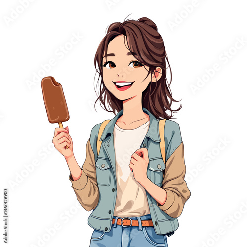 Happy young woman eating chocolate ice cream on a summer day