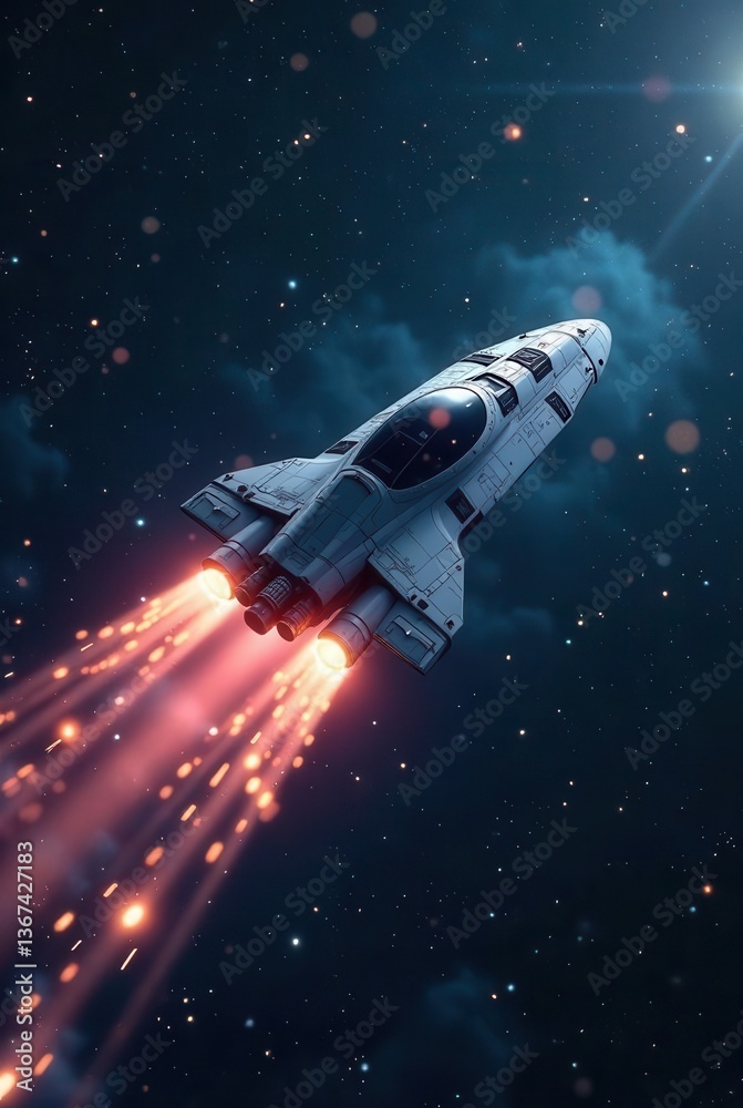 Obraz premium A futuristic spacecraft accelerates through the cosmos, leaving a fiery trail of incandescent particles in its wake.