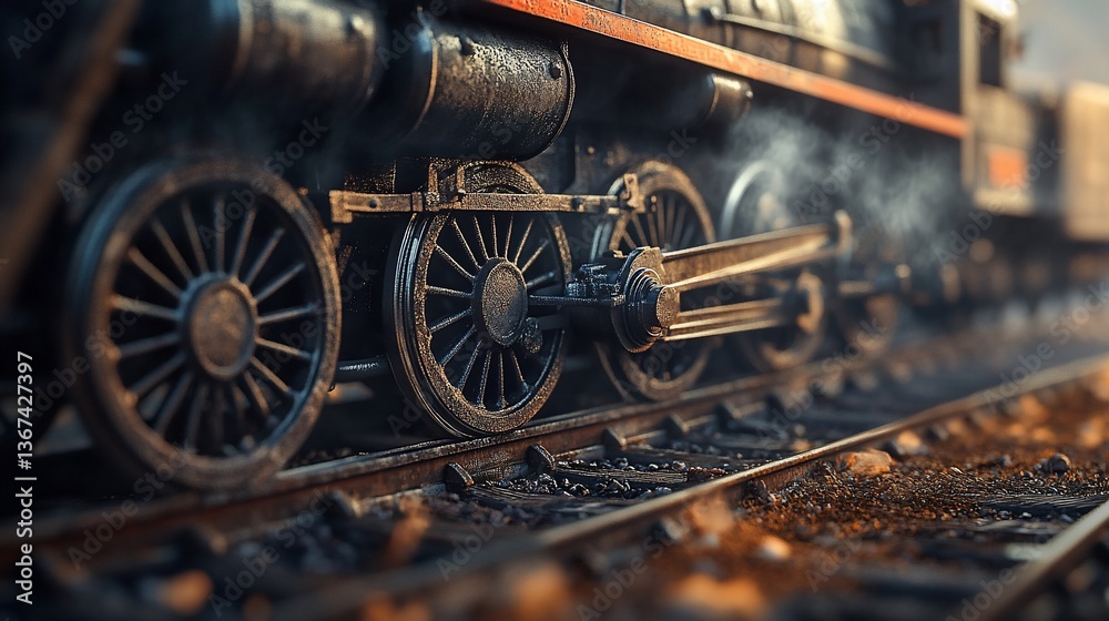 Steam train wheels closeup, tracks, sunset Steam train wheels closeup, tracks, sunset